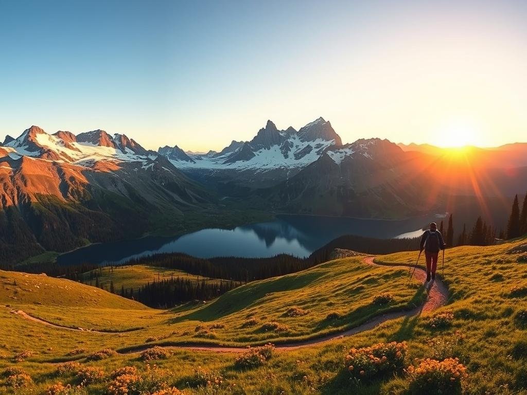 Breathtaking alpine lake surrounded by jagged, snow-capped peaks under a warm, golden sunset. Winding hiking trails meander through lush, verdant meadows in the foreground, dotted with vibrant wildflowers. Hikers silhouetted against the glowing horizon, making their way along the scenic path. Crisp, clean air and a sense of peaceful tranquility pervade the serene landscape. Captured with a wide-angle lens to accentuate the grand, majestic scale of the Wasatch mountains.
