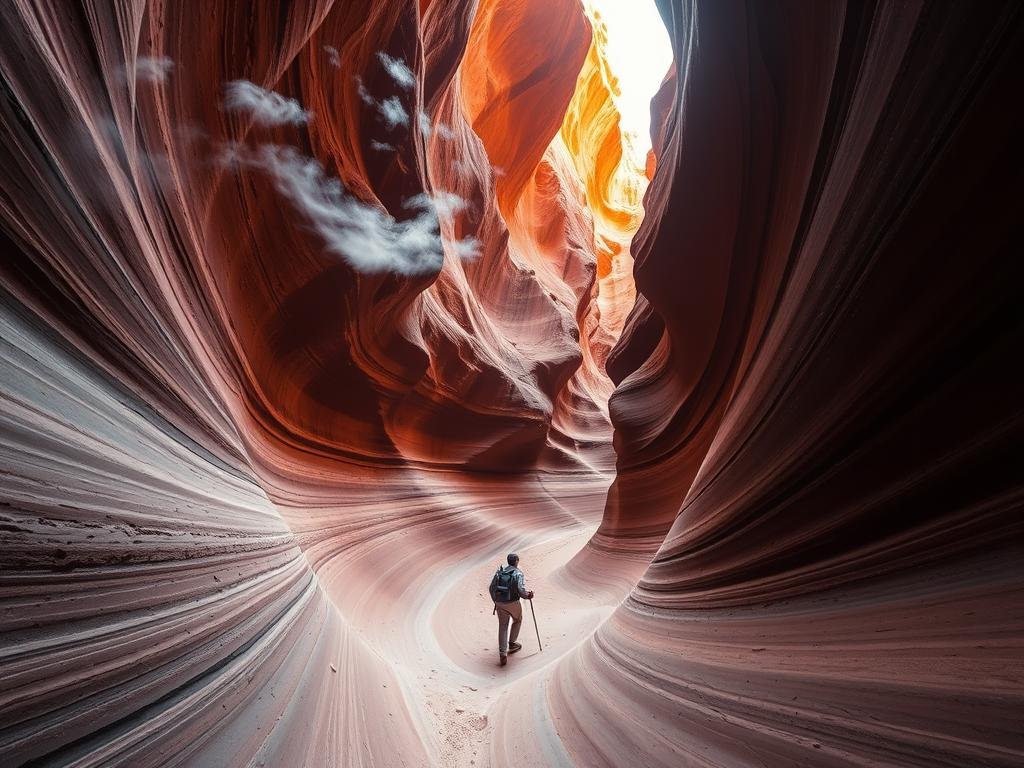 Buckskin Gulch slot canyon, a serpentine masterpiece carved through sandstone cliffs. Towering rust-hued walls rise on either side, casting dramatic shadows that play across the sinuous floor. Ethereal light filters in from above, illuminating the swirling patterns and smooth contours of the canyon. In the foreground, a lone hiker navigates the narrow passage, dwarfed by the vast, rugged landscape. Wispy clouds drift overhead, adding a sense of tranquility to the scene. The image should be captured with a wide-angle lens to convey the grand scale and engulfing nature of this natural wonder, a prime example of the stunning slot canyons that grace the landscapes of Utah. Buckskin Gulch slot canyon, a serpentine masterpiece carved through sandstone cliffs. Towering rust-hued walls rise on either side, casting dramatic shadows that play across the sinuous floor. Ethereal light filters in from above, illuminating the swirling patterns and smooth contours of the canyon. In the foreground, a lone hiker navigates the narrow passage, dwarfed by the vast, rugged landscape. Wispy clouds drift overhead, adding a sense of tranquility to the scene. The image should be captured with a wide-angle lens to convey the grand scale and engulfing nature of this natural wonder, a prime example of the stunning slot canyons that grace the landscapes of Utah.