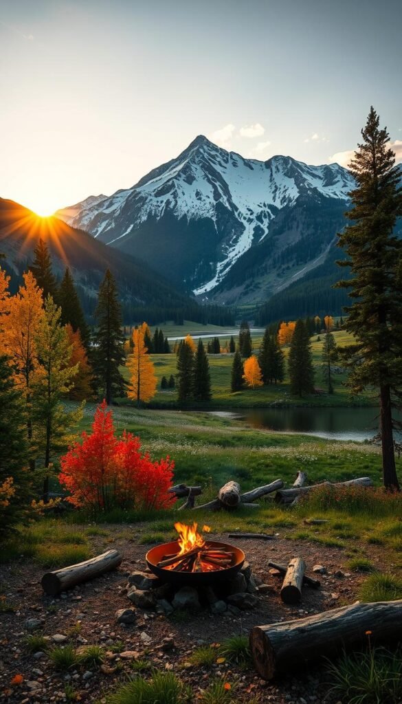 Colorado Camping Seasons - a tranquil landscape showcasing the four distinct seasons. In the foreground, a cozy campsite with a crackling fire pit, surrounded by vibrant fall foliage. In the middle ground, a snow-capped mountain range under a golden sunset, hinting at the winter wonderland. In the background, a lush green meadow adorned with wildflowers, capturing the essence of spring. A pristine alpine lake reflects the serene summer skies, completing the idyllic scene. Soft, warm lighting illuminates the entire composition, creating an inviting and atmospheric ambiance. Captured with a wide-angle lens to emphasize the grandeur of the Colorado wilderness. Colorado Camping Seasons - a tranquil landscape showcasing the four distinct seasons. In the foreground, a cozy campsite with a crackling fire pit, surrounded by vibrant fall foliage. In the middle ground, a snow-capped mountain range under a golden sunset, hinting at the winter wonderland. In the background, a lush green meadow adorned with wildflowers, capturing the essence of spring. A pristine alpine lake reflects the serene summer skies, completing the idyllic scene. Soft, warm lighting illuminates the entire composition, creating an inviting and atmospheric ambiance. Captured with a wide-angle lens to emphasize the grandeur of the Colorado wilderness.