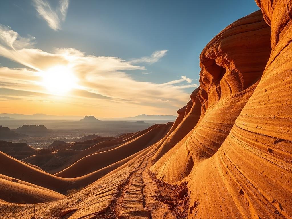 Coyote Buttes North trail, a breathtaking landscape in the heart of Arizona's desert. Undulating sandstone formations, sculpted by wind and water, create a mesmerizing, otherworldly scene. Warm, golden light filters through wispy clouds, casting long shadows and accentuating the organic curves of "The Wave." In the foreground, a narrow, winding path invites the viewer to explore this natural wonder, leading the eye deeper into the dreamlike terrain. Distant hills and mesas provide a sense of scale, while the hazy, azure sky above sets the serene, tranquil mood. This is a photographer's paradise, a place where the boundary between reality and imagination blurs, leaving a lasting impression on all who venture here. Coyote Buttes North trail, a breathtaking landscape in the heart of Arizona's desert. Undulating sandstone formations, sculpted by wind and water, create a mesmerizing, otherworldly scene. Warm, golden light filters through wispy clouds, casting long shadows and accentuating the organic curves of "The Wave." In the foreground, a narrow, winding path invites the viewer to explore this natural wonder, leading the eye deeper into the dreamlike terrain. Distant hills and mesas provide a sense of scale, while the hazy, azure sky above sets the serene, tranquil mood. This is a photographer's paradise, a place where the boundary between reality and imagination blurs, leaving a lasting impression on all who venture here.