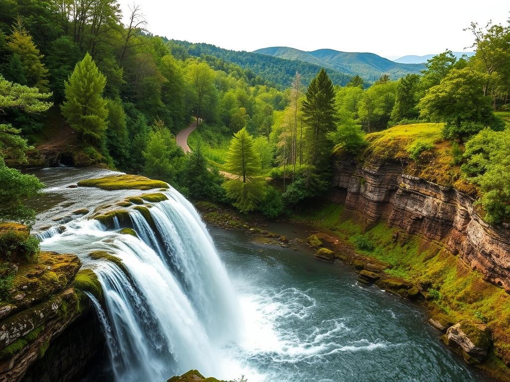 Dramatic waterfalls cascading down lush, verdant cliffs near the vibrant city of Nashville, Tennessee. The crashing water flows over moss-covered rocks, creating a serene and tranquil scene. The foreground depicts the main waterfall, its powerful torrents spilling into a clear, deep pool. The middle ground showcases the surrounding forest, with towering trees and a winding hiking trail leading to the waterfall. In the background, rolling hills and distant mountains provide a picturesque backdrop. The lighting is soft and diffused, casting a warm, natural glow over the entire landscape. Captured with a wide-angle lens to emphasize the scale and grandeur of the setting. Dramatic waterfalls cascading down lush, verdant cliffs near the vibrant city of Nashville, Tennessee. The crashing water flows over moss-covered rocks, creating a serene and tranquil scene. The foreground depicts the main waterfall, its powerful torrents spilling into a clear, deep pool. The middle ground showcases the surrounding forest, with towering trees and a winding hiking trail leading to the waterfall. In the background, rolling hills and distant mountains provide a picturesque backdrop. The lighting is soft and diffused, casting a warm, natural glow over the entire landscape. Captured with a wide-angle lens to emphasize the scale and grandeur of the setting.