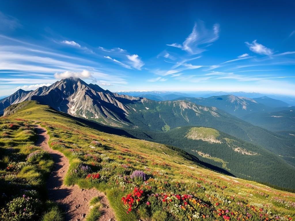 Franconia Ridge Loop mountain views, a panoramic landscape of towering peaks and rugged terrain. In the foreground, a winding trail leads hikers through lush alpine meadows dotted with vibrant wildflowers. The middle ground features the iconic Franconia Ridge, its craggy granite summits stretching out against a crisp blue sky. Wispy clouds cast soft shadows across the slopes, creating a sense of depth and drama. In the distance, the horizon is dominated by a range of majestic mountains, their snow-capped peaks glistening in the warm sunlight. The scene is captured with a wide-angle lens, emphasizing the grand scale and breathtaking beauty of this New Hampshire hiking destination. Franconia Ridge Loop mountain views, a panoramic landscape of towering peaks and rugged terrain. In the foreground, a winding trail leads hikers through lush alpine meadows dotted with vibrant wildflowers. The middle ground features the iconic Franconia Ridge, its craggy granite summits stretching out against a crisp blue sky. Wispy clouds cast soft shadows across the slopes, creating a sense of depth and drama. In the distance, the horizon is dominated by a range of majestic mountains, their snow-capped peaks glistening in the warm sunlight. The scene is captured with a wide-angle lens, emphasizing the grand scale and breathtaking beauty of this New Hampshire hiking destination.