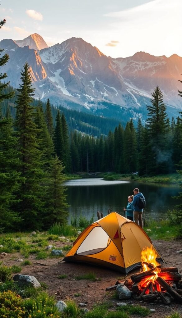Front Range Camping: Serene Wilderness Escape A tranquil campsite nestled amidst the majestic Rocky Mountains, with the iconic silhouettes of the Front Range peaks rising in the distance. Lush evergreen forests surround a pristine alpine lake, its still waters reflecting the golden glow of the setting sun. In the foreground, a cozy tent is set up, its warm light casting a welcoming glow. Nearby, a crackling campfire casts dancing shadows, while a pair of hikers pause to take in the breathtaking panorama. Soft natural light filters through the canopy, creating a peaceful, atmospheric ambiance. This idyllic scene captures the essence of Front Range camping - a chance to escape the hustle and immerse oneself in Colorado's stunning natural beauty. Front Range Camping: Serene Wilderness Escape A tranquil campsite nestled amidst the majestic Rocky Mountains, with the iconic silhouettes of the Front Range peaks rising in the distance. Lush evergreen forests surround a pristine alpine lake, its still waters reflecting the golden glow of the setting sun. In the foreground, a cozy tent is set up, its warm light casting a welcoming glow. Nearby, a crackling campfire casts dancing shadows, while a pair of hikers pause to take in the breathtaking panorama. Soft natural light filters through the canopy, creating a peaceful, atmospheric ambiance. This idyllic scene captures the essence of Front Range camping - a chance to escape the hustle and immerse oneself in Colorado's stunning natural beauty.