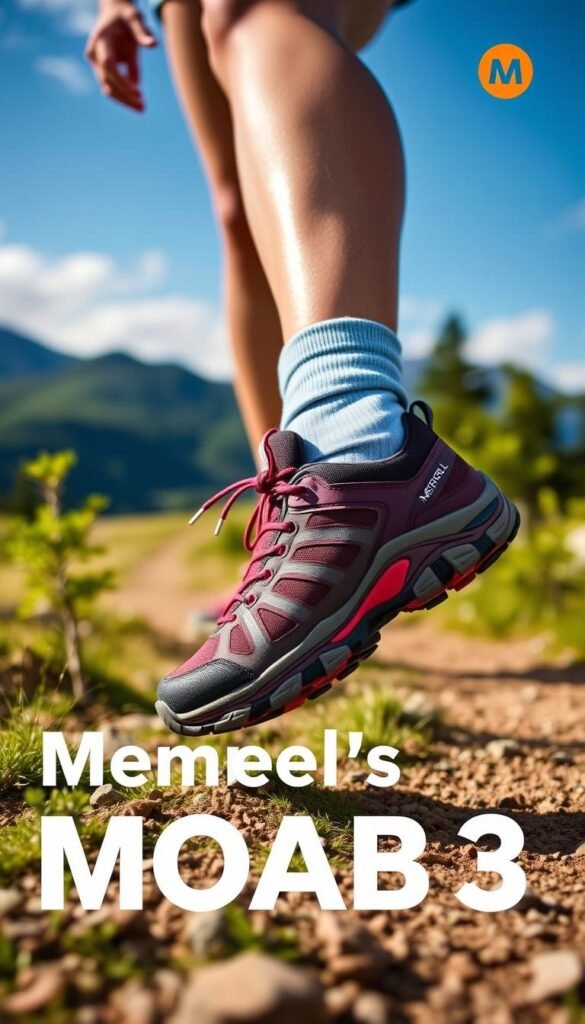 Generate an image of the Merrell Women's Moab3 Hiking Shoe on a hiking trail. Generate an image of the Merrell Women's Moab3 Hiking Shoe on a hiking trail.