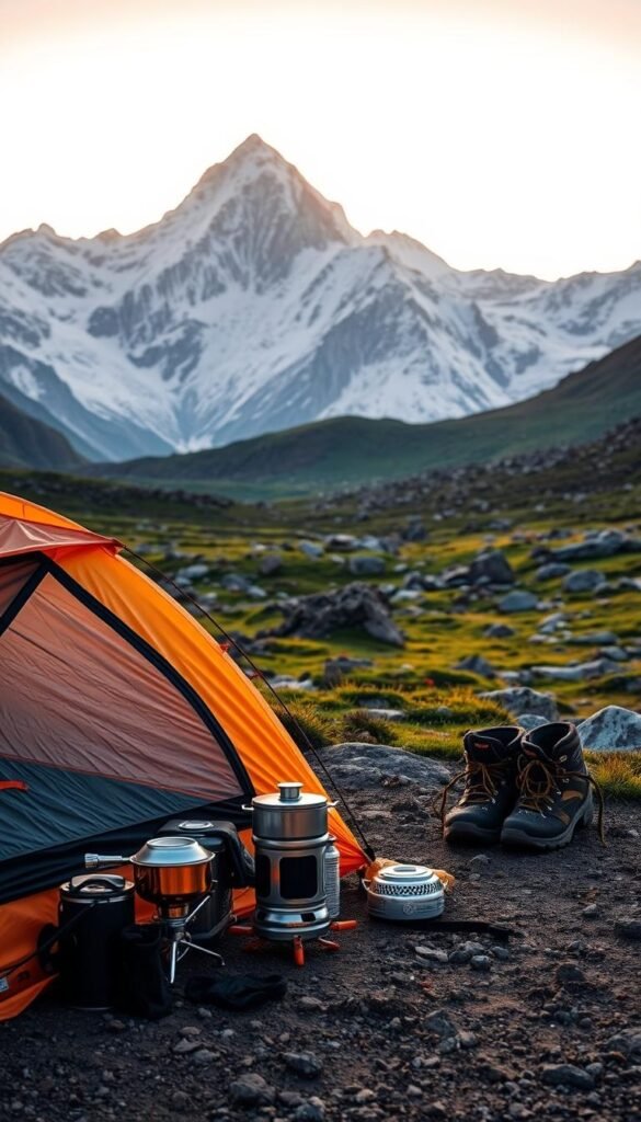 High altitude campsite at sunset with majestic snow-capped peaks in the background. Foreground shows a well-equipped tent, camp stove, and other essential gear for high-altitude camping. Rugged backpacks and hiking boots in the middle ground. Soft, warm lighting illuminates the scene, creating a cozy and adventurous atmosphere. The surrounding landscape features lush alpine meadows and boulder fields, conveying the challenging yet breathtaking environment of high-altitude camping. A sense of tranquility and connection with nature pervades the image. High altitude campsite at sunset with majestic snow-capped peaks in the background. Foreground shows a well-equipped tent, camp stove, and other essential gear for high-altitude camping. Rugged backpacks and hiking boots in the middle ground. Soft, warm lighting illuminates the scene, creating a cozy and adventurous atmosphere. The surrounding landscape features lush alpine meadows and boulder fields, conveying the challenging yet breathtaking environment of high-altitude camping. A sense of tranquility and connection with nature pervades the image.
