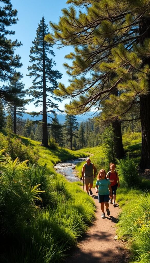 Lush, verdant hiking trails wind through a serene California landscape. In the foreground, a family traverses a well-maintained path, their faces alight with joy as they explore the great outdoors. Towering pines and ferns frame the scene, casting a dappled, golden light that illuminates the trail. In the middle ground, a crystal-clear stream bubbles and gurgles, inviting hikers to pause and dip their toes. Distant mountains rise majestically in the background, their snow-capped peaks piercing the azure sky. The overall atmosphere evokes a sense of tranquility, adventure, and family bonding in nature. Lush, verdant hiking trails wind through a serene California landscape. In the foreground, a family traverses a well-maintained path, their faces alight with joy as they explore the great outdoors. Towering pines and ferns frame the scene, casting a dappled, golden light that illuminates the trail. In the middle ground, a crystal-clear stream bubbles and gurgles, inviting hikers to pause and dip their toes. Distant mountains rise majestically in the background, their snow-capped peaks piercing the azure sky. The overall atmosphere evokes a sense of tranquility, adventure, and family bonding in nature.