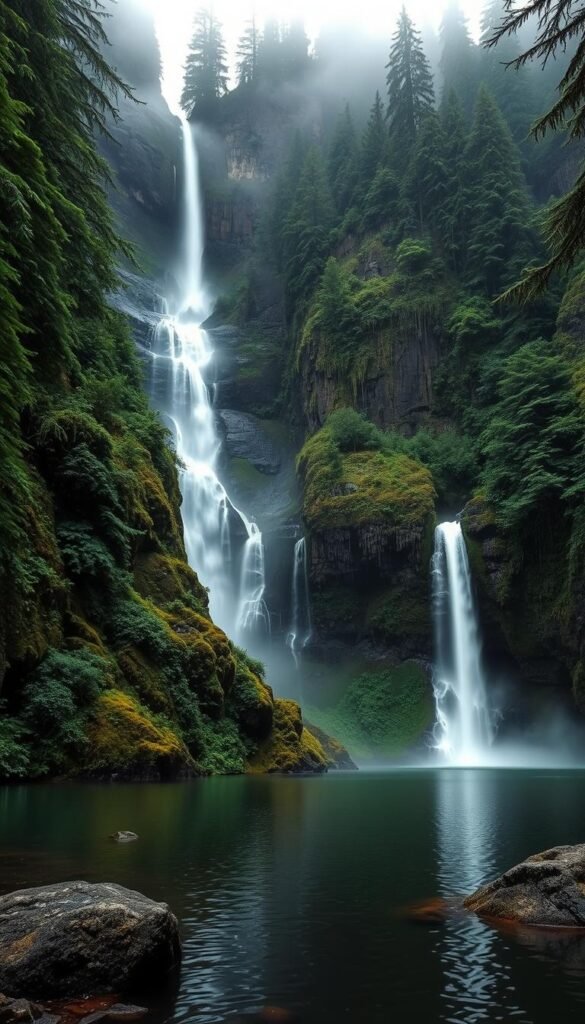 Lush, verdant rainforests frame a serene tableau of cascading waterfalls in the Pacific Northwest. Majestic columns of water plunge over rugged cliffs, their mist-shrouded descent illuminated by soft, diffused lighting. In the foreground, a tranquil pool reflects the towering, moss-covered rock formations surrounding it, creating a sense of timeless, natural harmony. The scene is bathed in the cool, damp atmosphere characteristic of this picturesque region, inviting the viewer to immerse themselves in its serene, otherworldly beauty. Lush, verdant rainforests frame a serene tableau of cascading waterfalls in the Pacific Northwest. Majestic columns of water plunge over rugged cliffs, their mist-shrouded descent illuminated by soft, diffused lighting. In the foreground, a tranquil pool reflects the towering, moss-covered rock formations surrounding it, creating a sense of timeless, natural harmony. The scene is bathed in the cool, damp atmosphere characteristic of this picturesque region, inviting the viewer to immerse themselves in its serene, otherworldly beauty.