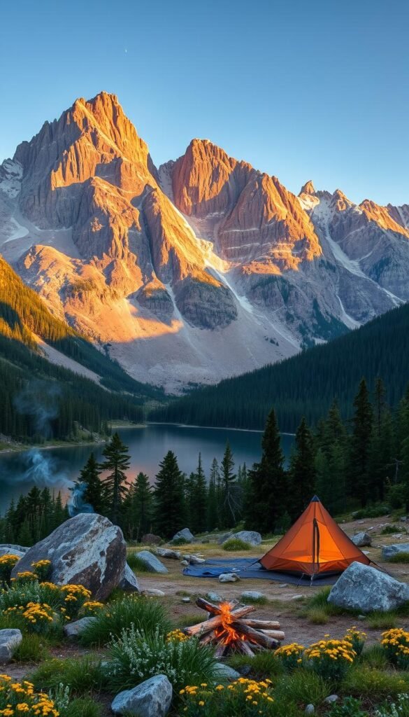 Majestic Colorado landscapes at golden hour, with towering Rocky Mountain peaks framed by evergreen forests. In the foreground, a cozy campsite nestled among boulders and wildflowers, wisps of campfire smoke drifting skyward. Reflections of the surrounding mountains shimmer in a serene alpine lake, the stillness broken only by the call of a distant bird. Soft, warm lighting bathes the scene, creating an atmosphere of tranquility and wonder. Capture the magic and diversity of Colorado's premier camping destinations. Majestic Colorado landscapes at golden hour, with towering Rocky Mountain peaks framed by evergreen forests. In the foreground, a cozy campsite nestled among boulders and wildflowers, wisps of campfire smoke drifting skyward. Reflections of the surrounding mountains shimmer in a serene alpine lake, the stillness broken only by the call of a distant bird. Soft, warm lighting bathes the scene, creating an atmosphere of tranquility and wonder. Capture the magic and diversity of Colorado's premier camping destinations.
