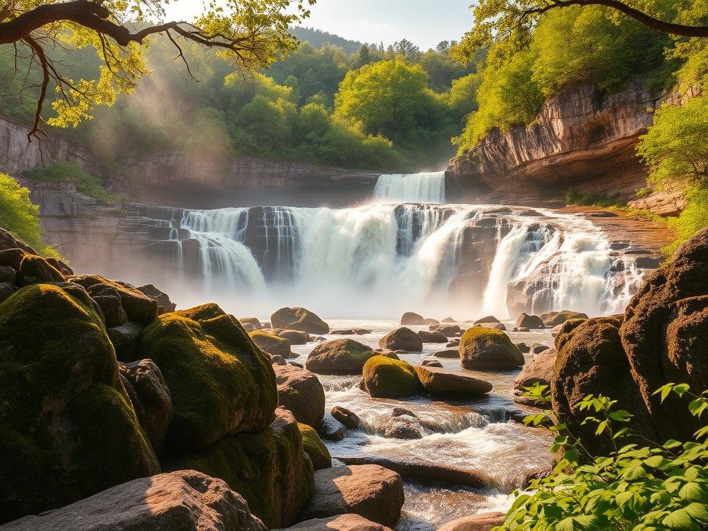 Majestic historical waterfalls nestled amidst the rolling hills of Tennessee, captured in a stunning wide-angle shot. Cascading waters plunge over ancient rock formations, mist dancing in the warm, golden sunlight. In the foreground, moss-covered boulders and lush greenery frame the scene, hinting at the area's long and storied past. The middle ground features the powerful waterfall, its thunderous flow cascading down a rugged cliff face. In the background, a verdant forest canopy provides a serene backdrop, suggesting the tranquil natural setting. The overall composition conveys a sense of timeless beauty and historical significance. Majestic historical waterfalls nestled amidst the rolling hills of Tennessee, captured in a stunning wide-angle shot. Cascading waters plunge over ancient rock formations, mist dancing in the warm, golden sunlight. In the foreground, moss-covered boulders and lush greenery frame the scene, hinting at the area's long and storied past. The middle ground features the powerful waterfall, its thunderous flow cascading down a rugged cliff face. In the background, a verdant forest canopy provides a serene backdrop, suggesting the tranquil natural setting. The overall composition conveys a sense of timeless beauty and historical significance.
