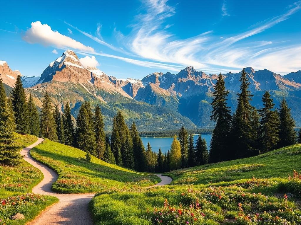 Majestic mountain peaks reaching towards the azure sky, their snow-capped summits glittering in the golden summer sun. In the foreground, a winding trail winds through lush, verdant meadows, dotted with vibrant wildflowers in a tapestry of colors. Towering evergreen trees line the path, casting dappled shadows on the hikers below. In the middle distance, a crystal-clear alpine lake reflects the surrounding landscape, its calm waters mirroring the rugged beauty of the scene. Wispy clouds drift lazily overhead, enhancing the sense of tranquility and serenity. The air is crisp and refreshing, inviting adventurers to immerse themselves in the breathtaking natural wonder of this scenic summer hiking destination. Majestic mountain peaks reaching towards the azure sky, their snow-capped summits glittering in the golden summer sun. In the foreground, a winding trail winds through lush, verdant meadows, dotted with vibrant wildflowers in a tapestry of colors. Towering evergreen trees line the path, casting dappled shadows on the hikers below. In the middle distance, a crystal-clear alpine lake reflects the surrounding landscape, its calm waters mirroring the rugged beauty of the scene. Wispy clouds drift lazily overhead, enhancing the sense of tranquility and serenity. The air is crisp and refreshing, inviting adventurers to immerse themselves in the breathtaking natural wonder of this scenic summer hiking destination.