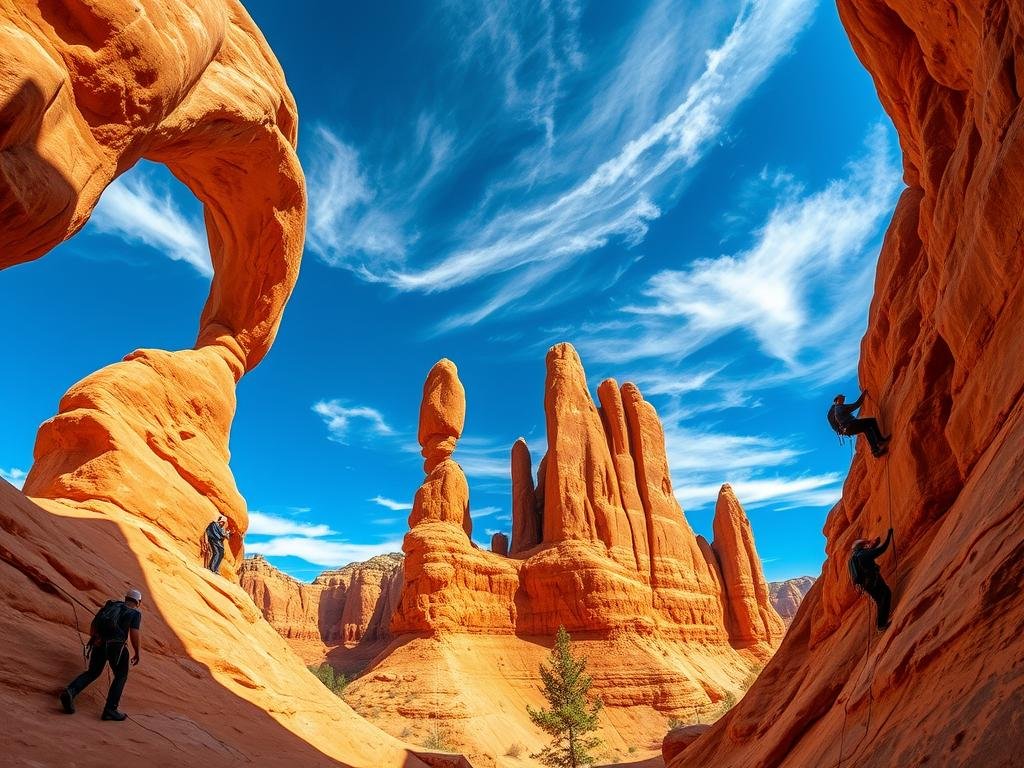 Majestic sandstone arches rise against a brilliant blue sky, their sinuous curves casting dramatic shadows on the rugged landscape below. Experienced climbers navigate challenging rock faces, their ropes and carabiners gleaming in the warm desert light. Towering spires and buttresses provide a stunning backdrop, their rugged textures inviting exploration. Warm hues of ochre, amber, and crimson paint the rock formations, while wispy clouds drift lazily overhead. A sense of adventure and discovery permeates the scene, as climbers push their limits and savor the exhilaration of conquering these natural wonders. Majestic sandstone arches rise against a brilliant blue sky, their sinuous curves casting dramatic shadows on the rugged landscape below. Experienced climbers navigate challenging rock faces, their ropes and carabiners gleaming in the warm desert light. Towering spires and buttresses provide a stunning backdrop, their rugged textures inviting exploration. Warm hues of ochre, amber, and crimson paint the rock formations, while wispy clouds drift lazily overhead. A sense of adventure and discovery permeates the scene, as climbers push their limits and savor the exhilaration of conquering these natural wonders.