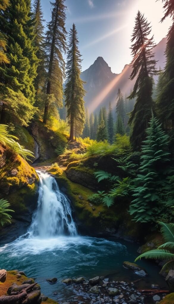 Marymere Falls, a majestic cascade nestled in the lush temperate rainforest of Olympic National Park, Washington. In the foreground, the powerful waterfall cascades over mossy rocks, its crystal-clear waters crashing into a tranquil pool below. The midground is filled with verdant ferns and towering evergreen trees, creating a serene and verdant atmosphere. In the background, rugged mountains rise up, their peaks shrouded in mist, adding a sense of grandeur and mystery to the scene. The lighting is soft and diffused, with sunbeams filtering through the canopy and casting a warm, ethereal glow over the entire landscape. Capture this picturesque Pacific Northwest wonder in a wide-angle, high-resolution photograph that showcases its natural beauty and splendor. Marymere Falls, a majestic cascade nestled in the lush temperate rainforest of Olympic National Park, Washington. In the foreground, the powerful waterfall cascades over mossy rocks, its crystal-clear waters crashing into a tranquil pool below. The midground is filled with verdant ferns and towering evergreen trees, creating a serene and verdant atmosphere. In the background, rugged mountains rise up, their peaks shrouded in mist, adding a sense of grandeur and mystery to the scene. The lighting is soft and diffused, with sunbeams filtering through the canopy and casting a warm, ethereal glow over the entire landscape. Capture this picturesque Pacific Northwest wonder in a wide-angle, high-resolution photograph that showcases its natural beauty and splendor.