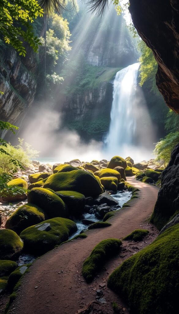 Misty Mist Trail waterfall cascading amidst lush, verdant foliage in a serene California forest. Sunlight filters through the mist, casting a magical glow on the cascading waters. Mossy rocks line the banks, leading the eye towards the towering waterfall in the distance. Rugged, weathered cliffs frame the scene, creating a sense of peaceful seclusion. A winding hiking path meanders through the foreground, inviting the viewer to explore this enchanting natural wonder. Crisp, cool tones and a tranquil atmosphere evoke a feeling of tranquility and rejuvenation. Misty Mist Trail waterfall cascading amidst lush, verdant foliage in a serene California forest. Sunlight filters through the mist, casting a magical glow on the cascading waters. Mossy rocks line the banks, leading the eye towards the towering waterfall in the distance. Rugged, weathered cliffs frame the scene, creating a sense of peaceful seclusion. A winding hiking path meanders through the foreground, inviting the viewer to explore this enchanting natural wonder. Crisp, cool tones and a tranquil atmosphere evoke a feeling of tranquility and rejuvenation.