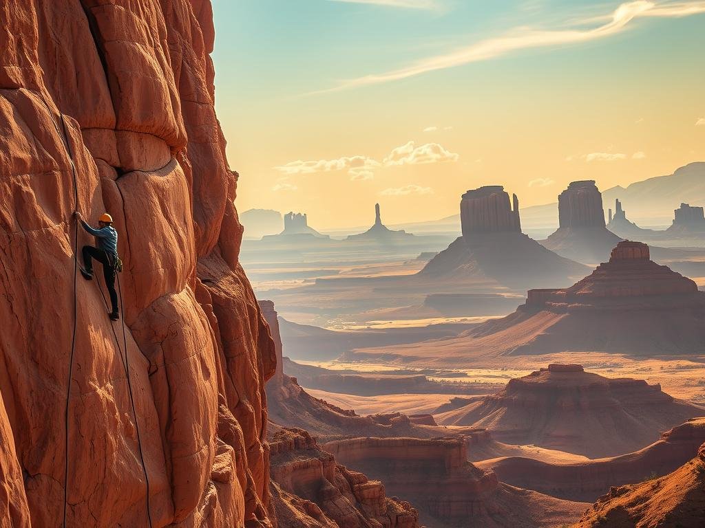 Moab sport climbing routes, a sun-dappled sandstone wonderland. Towering red cliffs rise majestically, their craggy faces adorned with a tapestry of challenging routes. In the foreground, a skilled climber scales a technical face, their nimble movements in harmony with the rock. Mid-ground, a network of established routes snake up the cliff, each one a unique puzzle waiting to be solved. The background fades into a hazy desert landscape, dotted with iconic mesas and spires that define the Moab skyline. Warm, golden light filters through wispy clouds, casting a romantic glow over the scene. Capture the essence of Moab's varied climbing terrain, where adventure and natural beauty intertwine. Moab sport climbing routes, a sun-dappled sandstone wonderland. Towering red cliffs rise majestically, their craggy faces adorned with a tapestry of challenging routes. In the foreground, a skilled climber scales a technical face, their nimble movements in harmony with the rock. Mid-ground, a network of established routes snake up the cliff, each one a unique puzzle waiting to be solved. The background fades into a hazy desert landscape, dotted with iconic mesas and spires that define the Moab skyline. Warm, golden light filters through wispy clouds, casting a romantic glow over the scene. Capture the essence of Moab's varied climbing terrain, where adventure and natural beauty intertwine.
