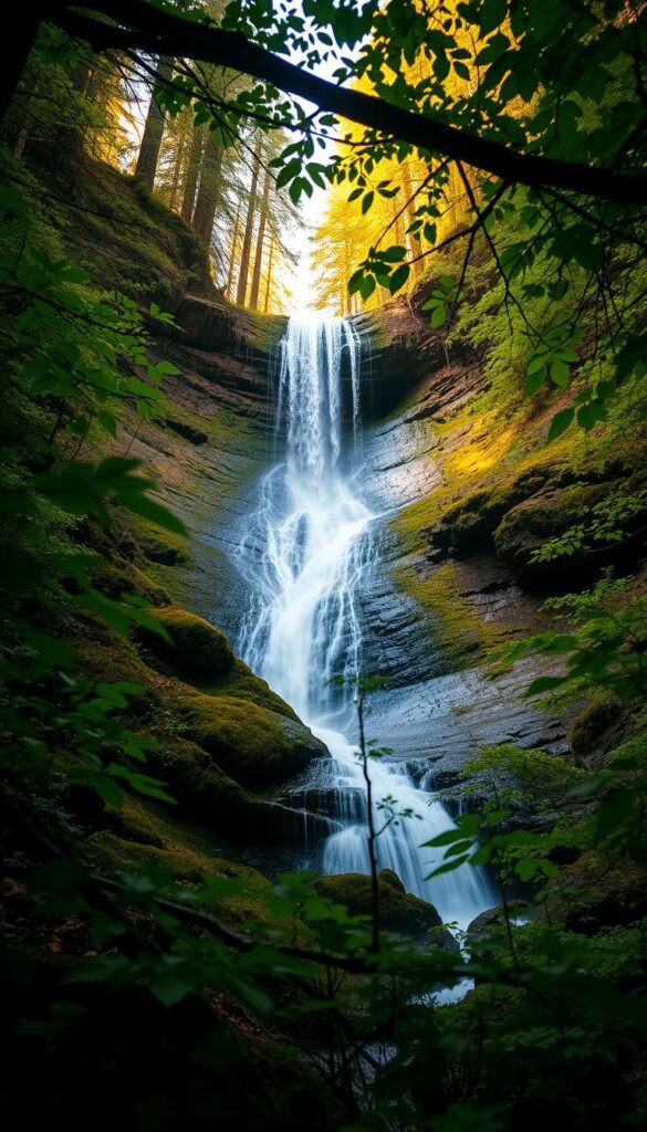 Proxy Falls cascading gracefully down mossy cliffs in the serene Three Sisters Wilderness of Oregon. Lush verdant foliage frames the scene, creating a peaceful, harmonious atmosphere. Warm, diffused sunlight filters through the canopy, casting a soft, golden glow over the rushing waters. The camera captures the falls from a low, wide angle, emphasizing the scale and grandeur of the natural wonder. A sense of tranquility and wonder pervades the image, inviting the viewer to immerse themselves in the beauty of this Pacific Northwest oasis. Proxy Falls cascading gracefully down mossy cliffs in the serene Three Sisters Wilderness of Oregon. Lush verdant foliage frames the scene, creating a peaceful, harmonious atmosphere. Warm, diffused sunlight filters through the canopy, casting a soft, golden glow over the rushing waters. The camera captures the falls from a low, wide angle, emphasizing the scale and grandeur of the natural wonder. A sense of tranquility and wonder pervades the image, inviting the viewer to immerse themselves in the beauty of this Pacific Northwest oasis.