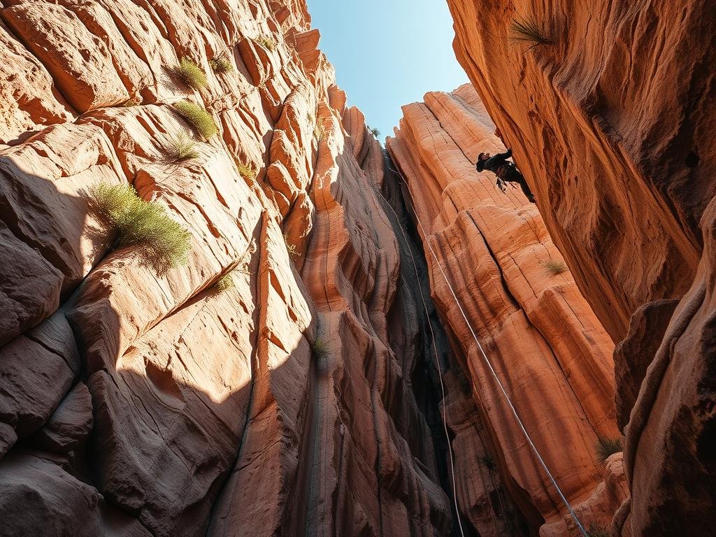 Rugged sandstone walls of Indian Creek, Utah, bathed in warm afternoon light. Stacks of parallel cracks zigzag up the cliff face, inviting daring climbers to ascend the exposed routes. Tufts of hardy desert vegetation cling to the rock, adding texture and depth. A lone climber, suspended mid-motion, clings to the crack with precision and grace. Dramatic shadows cast by the climber and overhanging rock create a sense of drama and challenge. Wide-angle lens captures the immense scale of the environment, emphasizing the minuscule size of the human form against the towering, ancient landscape. Rugged sandstone walls of Indian Creek, Utah, bathed in warm afternoon light. Stacks of parallel cracks zigzag up the cliff face, inviting daring climbers to ascend the exposed routes. Tufts of hardy desert vegetation cling to the rock, adding texture and depth. A lone climber, suspended mid-motion, clings to the crack with precision and grace. Dramatic shadows cast by the climber and overhanging rock create a sense of drama and challenge. Wide-angle lens captures the immense scale of the environment, emphasizing the minuscule size of the human form against the towering, ancient landscape.