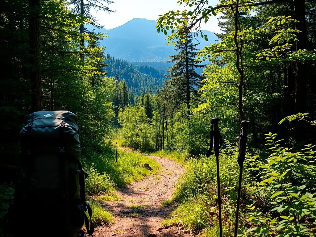 Scenic hiking trail preparation: A serene forest path winds through lush, verdant foliage, sunlight filtering gently through the canopy. In the foreground, a hiker's backpack and hiking poles stand ready, hinting at the adventure to come. The middle ground reveals a well-trodden trail, inviting exploration, while the background showcases towering peaks and rolling hills, promising breathtaking vistas. The lighting is soft and natural, casting a warm, golden glow over the scene. This picturesque setting evokes a sense of tranquility and anticipation, enticing the viewer to embark on an unforgettable hike through nature's splendor. Scenic hiking trail preparation: A serene forest path winds through lush, verdant foliage, sunlight filtering gently through the canopy. In the foreground, a hiker's backpack and hiking poles stand ready, hinting at the adventure to come. The middle ground reveals a well-trodden trail, inviting exploration, while the background showcases towering peaks and rolling hills, promising breathtaking vistas. The lighting is soft and natural, casting a warm, golden glow over the scene. This picturesque setting evokes a sense of tranquility and anticipation, enticing the viewer to embark on an unforgettable hike through nature's splendor.