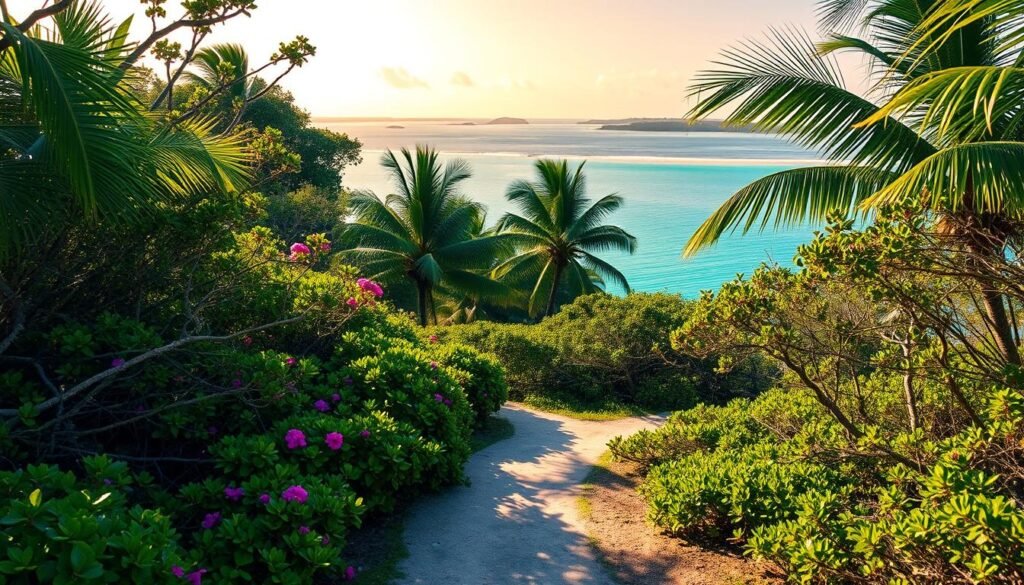 Serene Florida Keys hiking trails wind through verdant mangrove forests, with sunlight dappling the lush foliage. In the foreground, a meandering path leads hikers past vibrant blooms and towering palm trees, inviting exploration. The middle ground reveals picturesque vistas of the iconic turquoise waters, fringed by swaying palms and distant islands. The background showcases the stunning natural beauty of the Florida Keys, with a warm, golden-hued sky casting a tranquil glow over the entire scene. Captured with a wide-angle lens, this image conveys the sense of adventure and wonder that awaits hikers on the top trails of the Florida Keys. Serene Florida Keys hiking trails wind through verdant mangrove forests, with sunlight dappling the lush foliage. In the foreground, a meandering path leads hikers past vibrant blooms and towering palm trees, inviting exploration. The middle ground reveals picturesque vistas of the iconic turquoise waters, fringed by swaying palms and distant islands. The background showcases the stunning natural beauty of the Florida Keys, with a warm, golden-hued sky casting a tranquil glow over the entire scene. Captured with a wide-angle lens, this image conveys the sense of adventure and wonder that awaits hikers on the top trails of the Florida Keys.