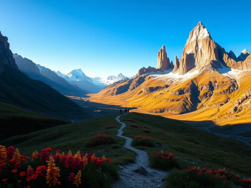 Sweeping views of the iconic Torres del Paine mountains in the foreground, their jagged granite peaks reaching towards a vibrant blue sky. In the middle ground, a winding hiking trail cuts through the lush, rolling hills, dotted with vibrant wildflowers. Hikers in the distance, their silhouettes capturing the adventurous spirit of this dramatic landscape. Warm, golden sunlight bathes the scene, creating a sense of wonder and tranquility. Captured with a wide-angle lens to emphasize the grand scale and breathtaking vistas of this legendary hiking destination. Sweeping views of the iconic Torres del Paine mountains in the foreground, their jagged granite peaks reaching towards a vibrant blue sky. In the middle ground, a winding hiking trail cuts through the lush, rolling hills, dotted with vibrant wildflowers. Hikers in the distance, their silhouettes capturing the adventurous spirit of this dramatic landscape. Warm, golden sunlight bathes the scene, creating a sense of wonder and tranquility. Captured with a wide-angle lens to emphasize the grand scale and breathtaking vistas of this legendary hiking destination.