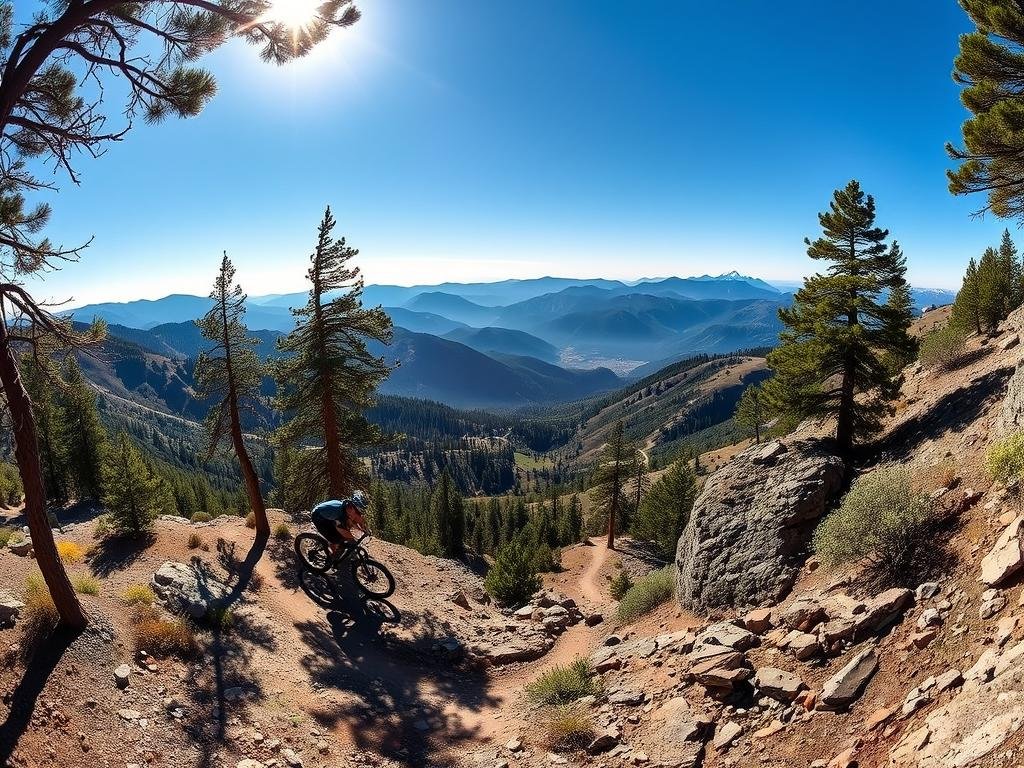 Sweeping vistas of rugged California peaks, their slopes crisscrossed by winding singletrack trails. In the foreground, a mountain biker navigates a technical section, their tires gripping the rocky terrain as they lean into the turns. Dappled sunlight filters through towering pines, casting long shadows across the landscape. The air is crisp and clean, with a hint of pine and earth. In the distance, snow-capped summits rise against a brilliant blue sky, framing the scene with majestic grandeur. This is the essence of California's iconic advanced mountain biking trails, a true test of skill and endurance for the experienced rider. Sweeping vistas of rugged California peaks, their slopes crisscrossed by winding singletrack trails. In the foreground, a mountain biker navigates a technical section, their tires gripping the rocky terrain as they lean into the turns. Dappled sunlight filters through towering pines, casting long shadows across the landscape. The air is crisp and clean, with a hint of pine and earth. In the distance, snow-capped summits rise against a brilliant blue sky, framing the scene with majestic grandeur. This is the essence of California's iconic advanced mountain biking trails, a true test of skill and endurance for the experienced rider.