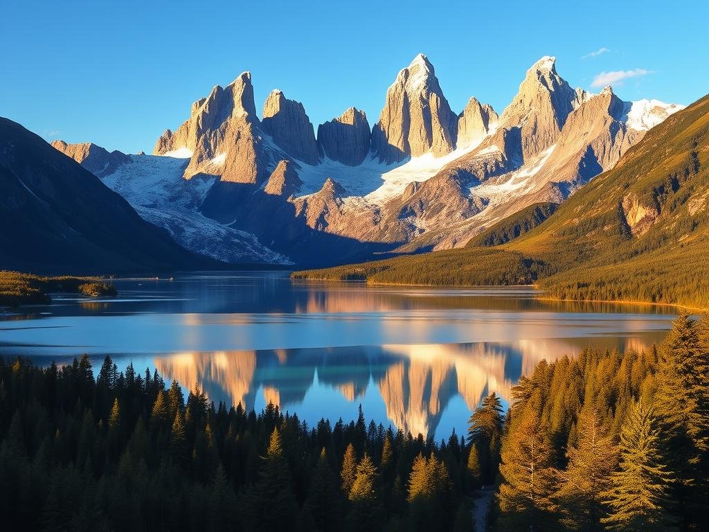 Sweeping vistas of the Torres del Paine massif, its jagged granite peaks piercing the azure sky. In the foreground, a tranquil glacial lake reflects the towering walls of the Paine Horns, their rugged silhouettes mirrored in the still waters. Lush, emerald-hued forests flank the lake's edges, a tapestry of ancient lenga and coihue trees. The warm glow of the afternoon sun bathes the scene in a golden light, casting long shadows across the landscape. A sense of serene, awe-inspiring beauty pervades the frame, capturing the essence of this magnificent national park. Sweeping vistas of the Torres del Paine massif, its jagged granite peaks piercing the azure sky. In the foreground, a tranquil glacial lake reflects the towering walls of the Paine Horns, their rugged silhouettes mirrored in the still waters. Lush, emerald-hued forests flank the lake's edges, a tapestry of ancient lenga and coihue trees. The warm glow of the afternoon sun bathes the scene in a golden light, casting long shadows across the landscape. A sense of serene, awe-inspiring beauty pervades the frame, capturing the essence of this magnificent national park.