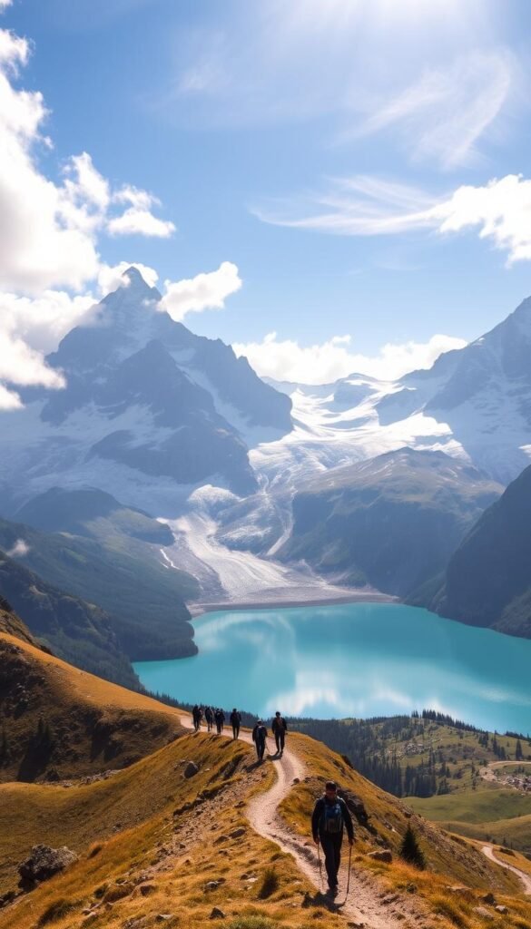 Sweeping vistas of the majestic Tour du Lac de Moiry hike in the heart of Valais, Switzerland. In the foreground, a pristine turquoise lake reflects the surrounding towering peaks and glaciers. Hikers ascend a winding trail, their silhouettes dwarfed by the dramatic, snow-capped Alps that rise majestically in the distance. Warm, golden sunlight filters through wispy clouds, casting a soft, ethereal glow over the serene landscape. The scene exudes a sense of tranquility and awe-inspiring natural beauty, perfectly capturing the essence of this stunning alpine loop hike. Sweeping vistas of the majestic Tour du Lac de Moiry hike in the heart of Valais, Switzerland. In the foreground, a pristine turquoise lake reflects the surrounding towering peaks and glaciers. Hikers ascend a winding trail, their silhouettes dwarfed by the dramatic, snow-capped Alps that rise majestically in the distance. Warm, golden sunlight filters through wispy clouds, casting a soft, ethereal glow over the serene landscape. The scene exudes a sense of tranquility and awe-inspiring natural beauty, perfectly capturing the essence of this stunning alpine loop hike.
