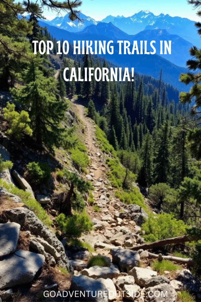 A scenic vista of rugged California trails, winding through verdant forests and towering peaks. Steep inclines and rocky switchbacks carve a path upwards, challenging hikers with the promise of breathtaking vistas. Dappled sunlight filters through the canopy, casting natural shadows and highlights across the uneven terrain. In the distance, snow-capped mountains rise majestically, hinting at the potential for greater elevation gains. The trail itself is depicted with meticulous detail, allowing the viewer to envision the physical demands and sense of accomplishment that come with conquering such challenging landscapes. Top 10 hiking trails in California