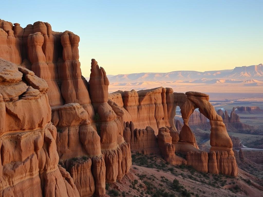 Towering sandstone formations, sculpted by wind and time, rise majestically against a clear Utah sky. In the foreground, rugged cliffs with intricate textures and challenging overhangs beckon climbers, their varied hues of ochre and sienna casting dramatic shadows. The middle ground features a series of sweeping arches and hoodoos, their delicate silhouettes framed by the warm, golden light of the setting sun. In the distance, a panorama of mesas and buttes stretches out, creating a breathtaking backdrop for this climber's paradise. The scene exudes a sense of adventure, with the promise of unforgettable experiences scaling these magnificent natural wonders. Towering sandstone formations, sculpted by wind and time, rise majestically against a clear Utah sky. In the foreground, rugged cliffs with intricate textures and challenging overhangs beckon climbers, their varied hues of ochre and sienna casting dramatic shadows. The middle ground features a series of sweeping arches and hoodoos, their delicate silhouettes framed by the warm, golden light of the setting sun. In the distance, a panorama of mesas and buttes stretches out, creating a breathtaking backdrop for this climber's paradise. The scene exudes a sense of adventure, with the promise of unforgettable experiences scaling these magnificent natural wonders.