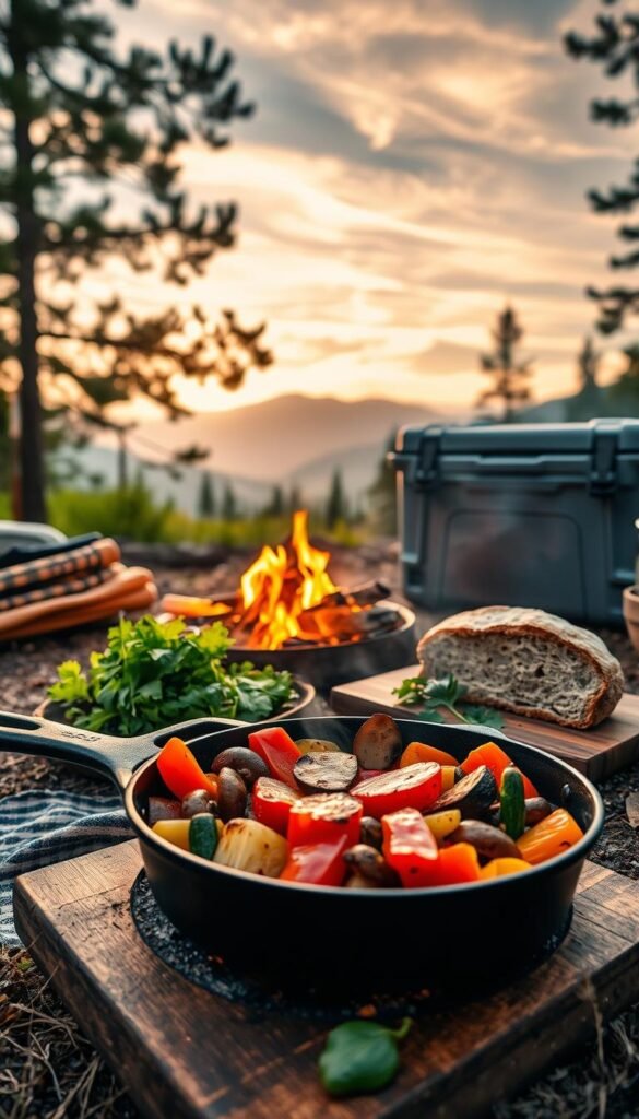 Vibrant outdoor scene featuring an array of vegetarian camping recipes. In the foreground, a cast-iron skillet sizzles with a colorful medley of roasted veggies - bell peppers, mushrooms, and zucchini. Nearby, a wooden cutting board displays an assortment of fresh greens, herbs, and a rustic loaf of bread. Backlit by a warm campfire, the scene evokes a cozy, nature-inspired ambiance. In the middle ground, a sturdy camping cooler stands ready, hinting at additional plant-based delights. The background showcases a lush, pine-forested landscape, with wispy clouds drifting across a soft, golden-hour sky. Captured with a wide, cinematic lens, the image conveys a sense of adventure and culinary harmony in the great outdoors.