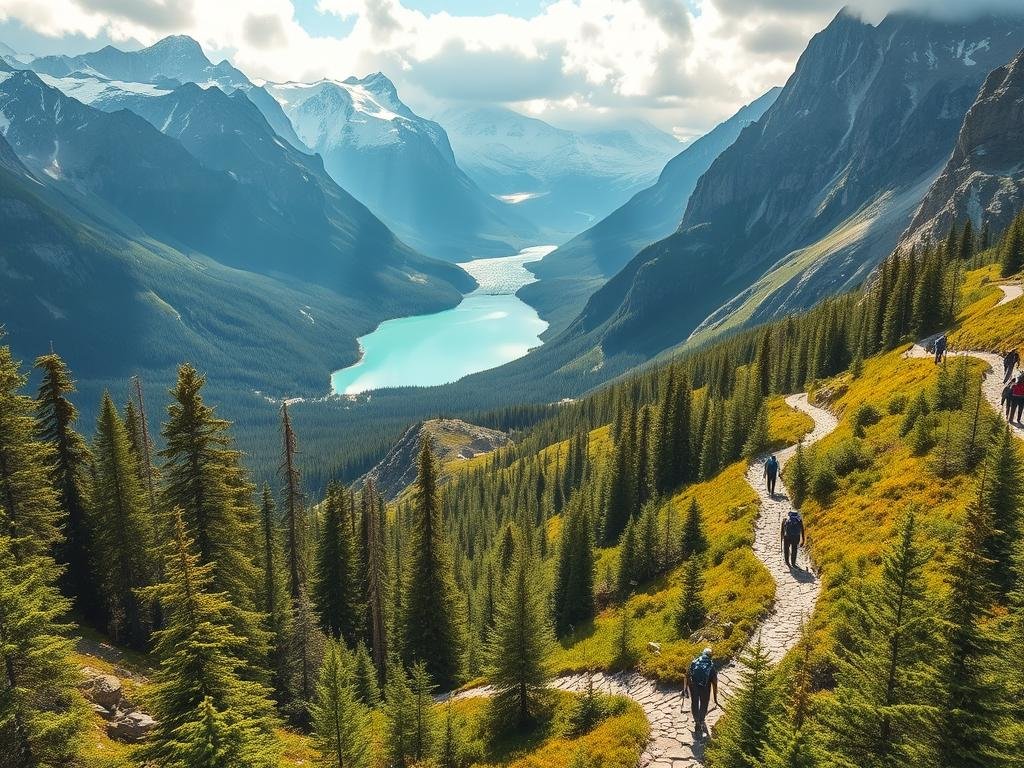 Wide, winding hiking trails cut through rugged, snow-capped mountains near Anchorage, Alaska. Lush, verdant forests flank the paths, with towering spruce and birch trees reaching to the sky. Sunlight filters through the canopy, casting a warm, golden glow on the scene. In the distance, a pristine glacial lake shimmers, its turquoise waters reflecting the dramatic peaks that surround it. Hikers traverse the well-maintained trails, taking in the breathtaking vistas of this untamed wilderness. The atmosphere is serene and invigorating, inviting visitors to immerse themselves in the natural beauty of Anchorage's outdoor adventures. Wide, winding hiking trails cut through rugged, snow-capped mountains near Anchorage, Alaska. Lush, verdant forests flank the paths, with towering spruce and birch trees reaching to the sky. Sunlight filters through the canopy, casting a warm, golden glow on the scene. In the distance, a pristine glacial lake shimmers, its turquoise waters reflecting the dramatic peaks that surround it. Hikers traverse the well-maintained trails, taking in the breathtaking vistas of this untamed wilderness. The atmosphere is serene and invigorating, inviting visitors to immerse themselves in the natural beauty of Anchorage's outdoor adventures.