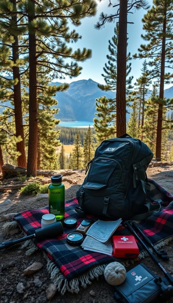 Yellowstone hiking essentials arranged artfully on a rugged forest trail, lit by soft natural sunlight filtering through lush pine trees. In the foreground, a sturdy hiking backpack, water bottle, and compass sit atop a plaid wool blanket. In the middle ground, hiking poles, a first-aid kit, and a map are neatly organized. The background features towering mountains, with a glimpse of a serene alpine lake in the distance. The overall scene conveys a sense of adventure, preparedness, and the beauty of the Yellowstone wilderness. Yellowstone hiking essentials arranged artfully on a rugged forest trail, lit by soft natural sunlight filtering through lush pine trees. In the foreground, a sturdy hiking backpack, water bottle, and compass sit atop a plaid wool blanket. In the middle ground, hiking poles, a first-aid kit, and a map are neatly organized. The background features towering mountains, with a glimpse of a serene alpine lake in the distance. The overall scene conveys a sense of adventure, preparedness, and the beauty of the Yellowstone wilderness.