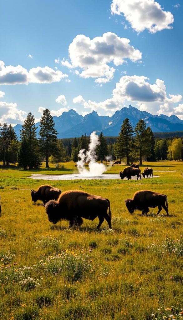 Yellowstone spring wildlife and weather: A vibrant meadow with lush green grass and wildflowers in bloom, under a crisp blue sky with scattered fluffy white clouds. In the foreground, a family of bison grazing peacefully, their large silhouettes backlit by the warm, golden afternoon sun. In the middle ground, a bubbling hot spring with plumes of steam rising, surrounded by towering pine trees. In the distant background, the majestic snow-capped peaks of the Teton Range, their rugged beauty casting a serene atmosphere over the entire scene. The overall mood is one of tranquility, with the soft, natural lighting and harmonious coexistence of the wildlife and geological features. Yellowstone spring wildlife and weather: A vibrant meadow with lush green grass and wildflowers in bloom, under a crisp blue sky with scattered fluffy white clouds. In the foreground, a family of bison grazing peacefully, their large silhouettes backlit by the warm, golden afternoon sun. In the middle ground, a bubbling hot spring with plumes of steam rising, surrounded by towering pine trees. In the distant background, the majestic snow-capped peaks of the Teton Range, their rugged beauty casting a serene atmosphere over the entire scene. The overall mood is one of tranquility, with the soft, natural lighting and harmonious coexistence of the wildlife and geological features.
