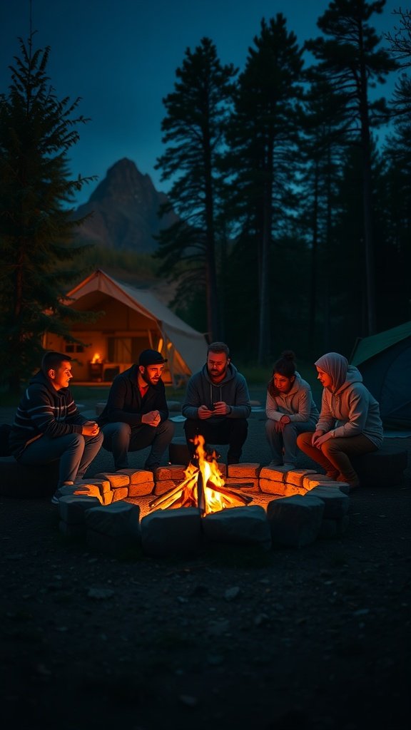 A group of people gathered around a campfire at night, enjoying each other's company in a forest setting.