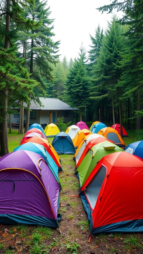 Colorful tents set up in a forest clearing, showcasing a range of vibrant colors among tall trees.