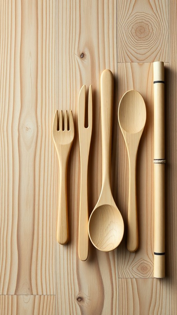 A collection of bamboo utensils including a fork, spoon, and spatula on a wooden surface.