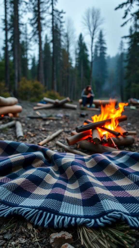 A checkered camping blanket laid out near a campfire in a forest setting.