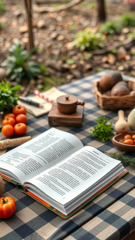 An open cookbook on a picnic blanket surrounded by fresh ingredients, ready for camping meal preparation.