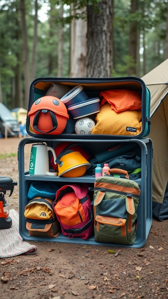A neatly organized camping gear storage unit displaying colorful bags, containers, and a cooking setup in a forest setting.