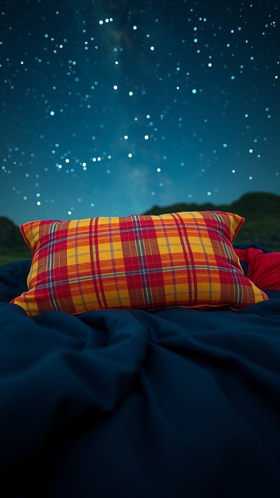 A cozy plaid camping pillow on a blue blanket under a starry sky.