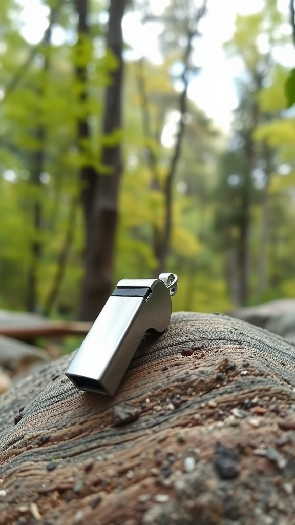 A shiny safety whistle resting on a wooden surface in a forest setting.