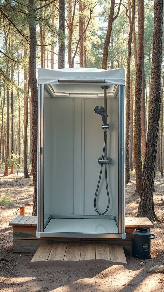 A compact camp shower set up in a forest clearing.