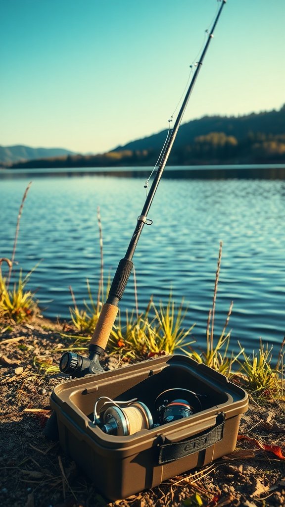 Fishing rod and reel on the shore of a lake