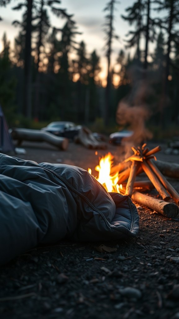 A compact sleeping bag placed next to a campfire in a forest setting.