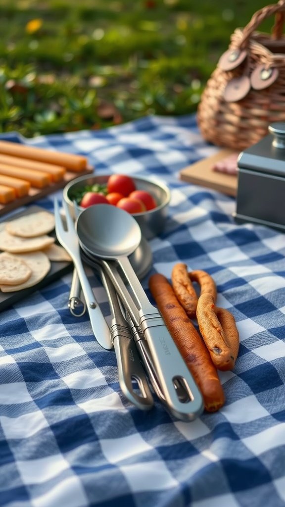 Durable camping utensils arranged on a checkered blanket with sausages and tomatoes.