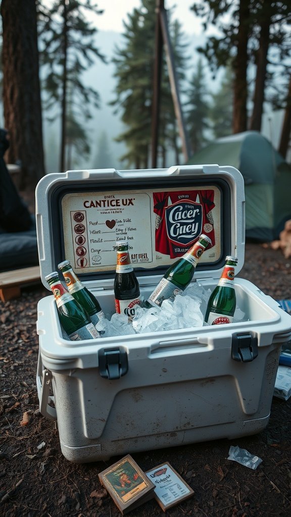 A durable cooler filled with ice and drinks, set in a camping environment.