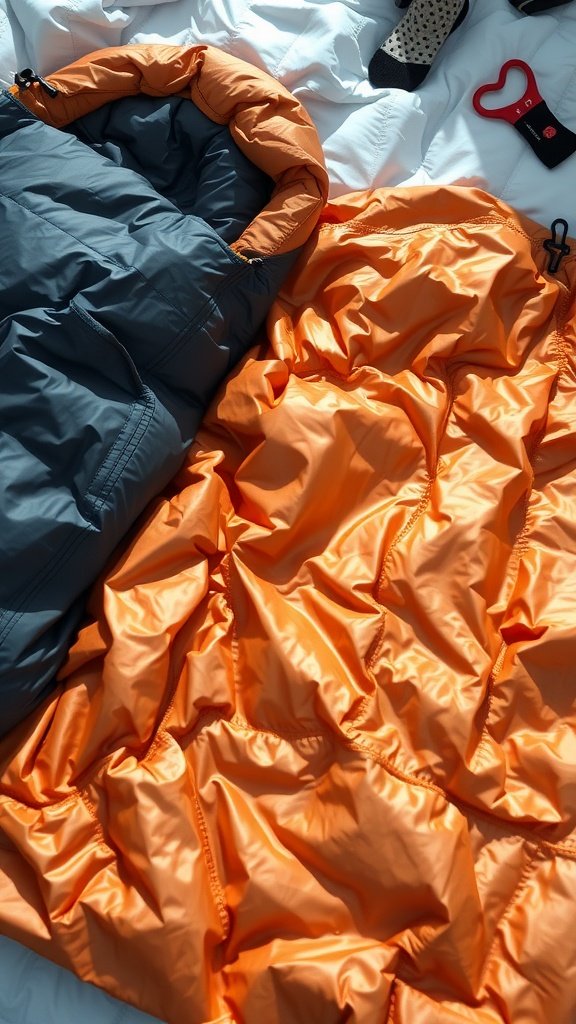 Two sleeping bags in orange and gray colors laid out on a bed.