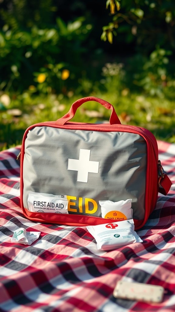 A bright first aid kit placed on a checkered picnic blanket outdoors.