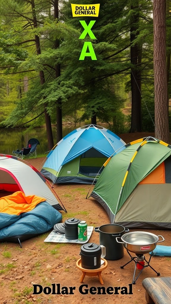 Camping setup with tents, sleeping bags, and cooking gear