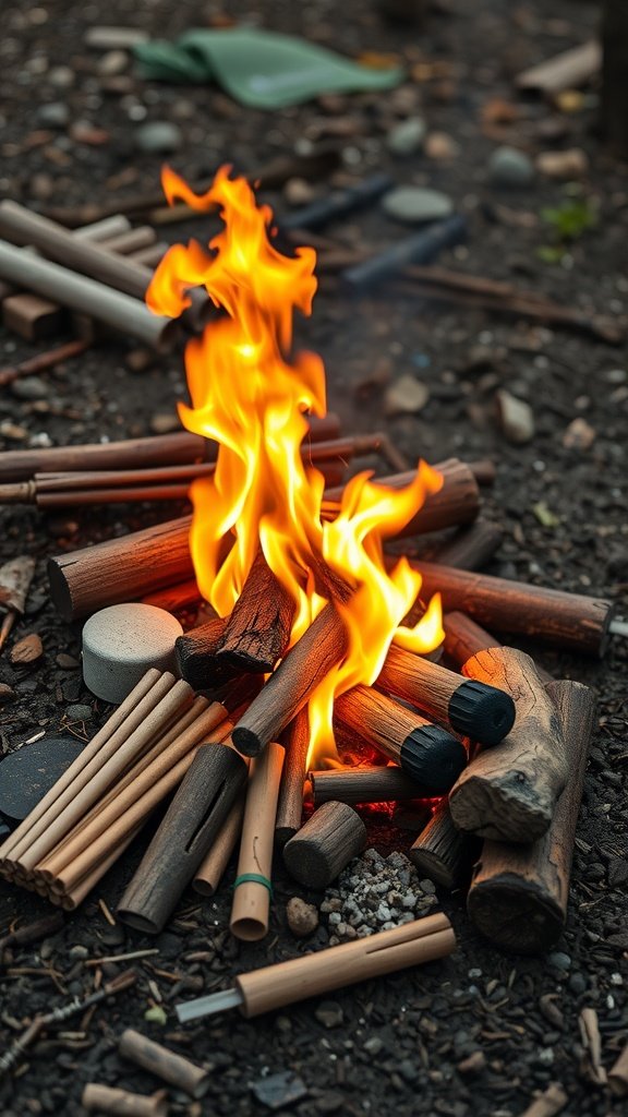 A close-up of a campfire with flames rising from a pile of logs and sticks.