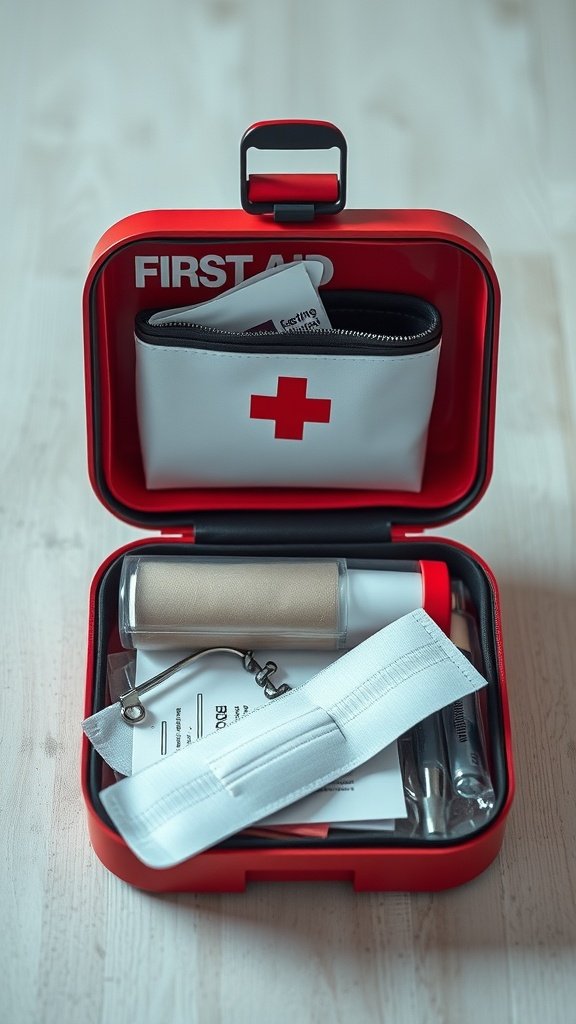 A bright red first-aid kit opened to show its contents, including bandages and antiseptic wipes.
